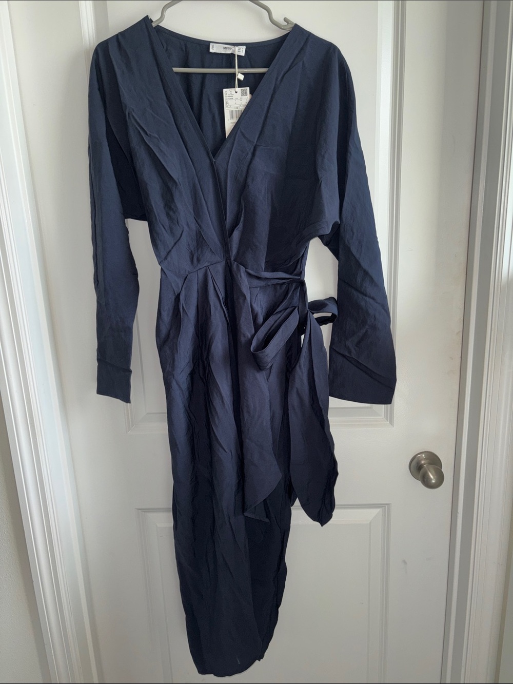 Mango Navy Wrap Midi Dress with Tie Waist